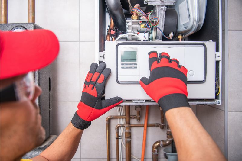 un homme avec un chapeau rouge et des gants rouges travaillant sur un panneau électrique