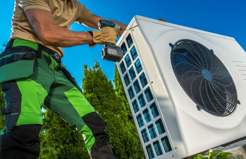 un homme en pantalon vert et chemise brune travaille sur un climatiseur