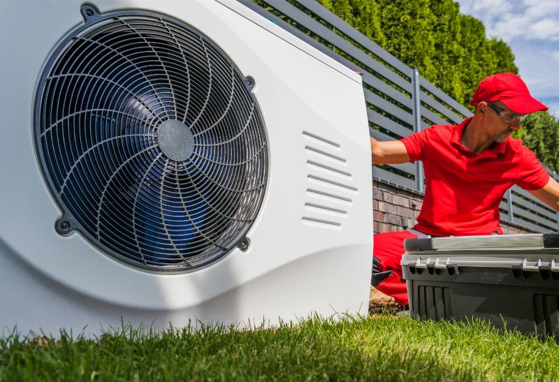 un homme avec une chemise rouge et un chapeau rouge travaillant sur un climatiseur blanc